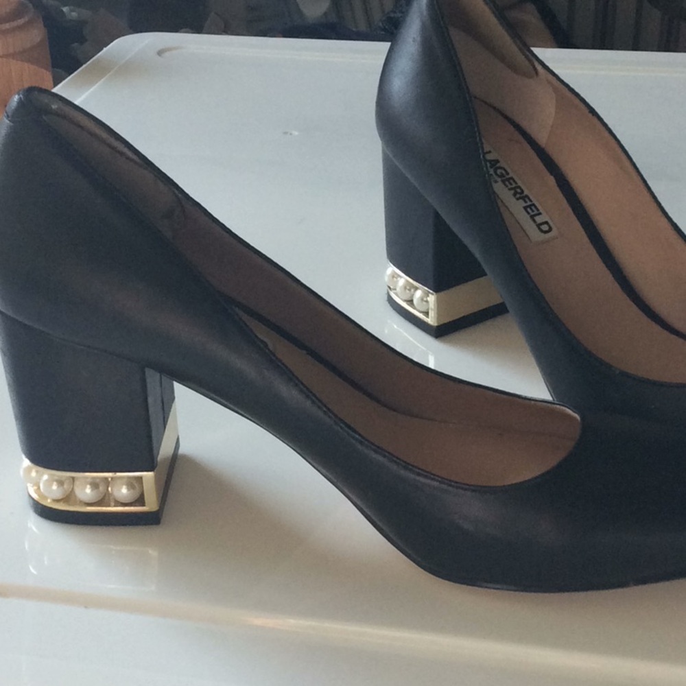 Karl Lagerfeld Black Shoes pearled heels size 7.5 - Picture 7 of 10